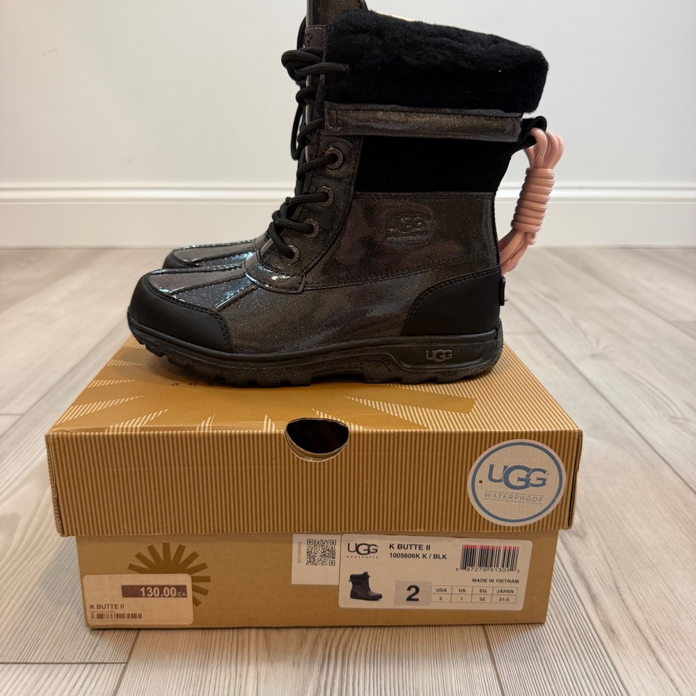 NEW UGG K Butte II Black Glitter Waterproof Winter Boots 1005606K Kids Size 2